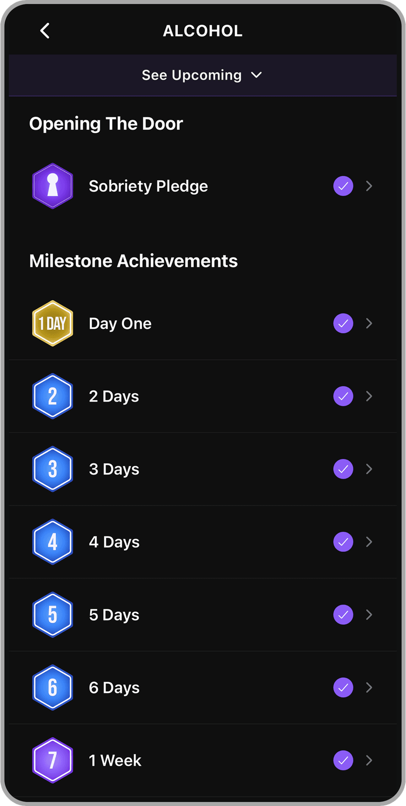 Door 24 milestone tracker and achievement badges celebrating sobriety progress and identity evolution