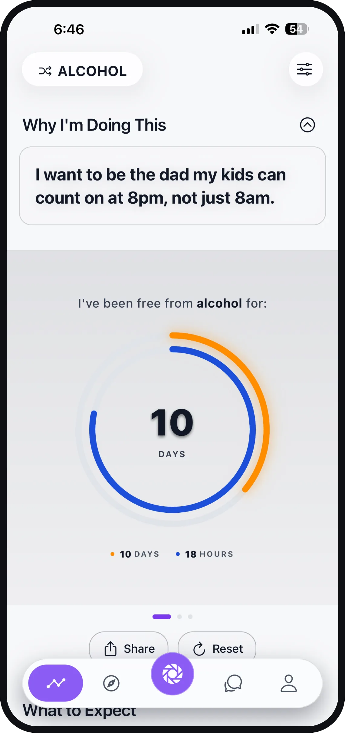 The Door 24 timer showing ten days free from alcohol, above the reason why